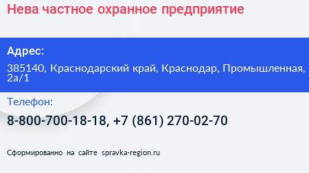 Нева частное охранное предприятие - визитка
