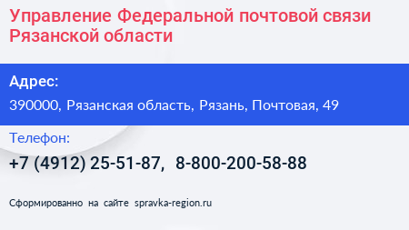 Управление Федеральной почтовой связи Рязанской области - визитка