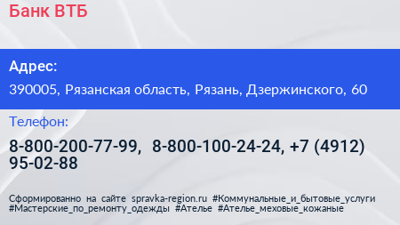 Банк ВТБ - визитка