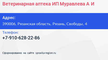Ветеринарная аптека ИП Муравлева А И  - визитка