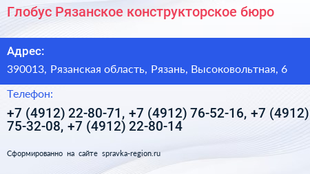 Глобус Рязанское конструкторское бюро - визитка