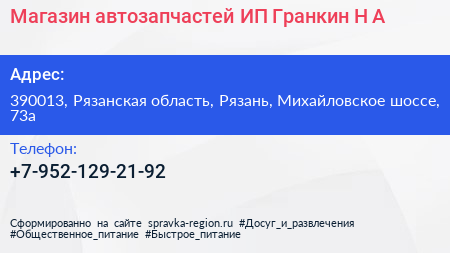 Магазин автозапчастей ИП Гранкин Н А  - визитка