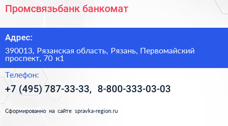 Промсвязьбанк банкомат - визитка