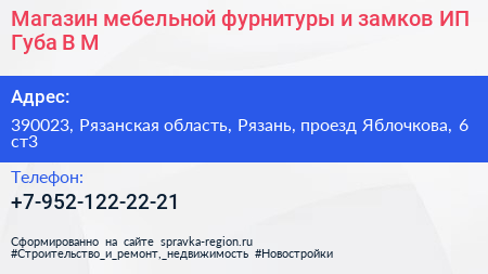 Магазин мебельной фурнитуры и замков ИП Губа В М  - визитка