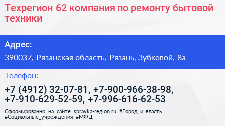 Техрегион 62 компания по ремонту бытовой техники - визитка