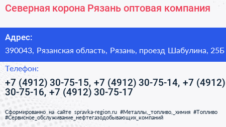 Северная корона Рязань оптовая компания - визитка