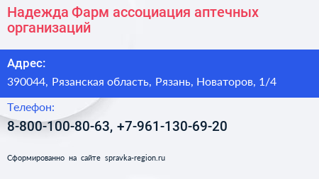 Надежда Фарм ассоциация аптечных организаций - визитка