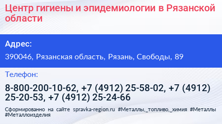 Центр гигиены и эпидемиологии в Рязанской области - визитка