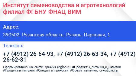Институт семеноводства и агротехнологий филиал ФГБНУ ФНАЦ ВИМ - визитка