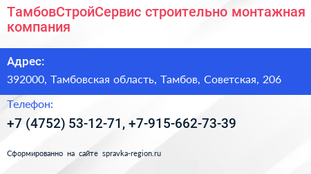 ТамбовСтройСервис строительно монтажная компания - визитка