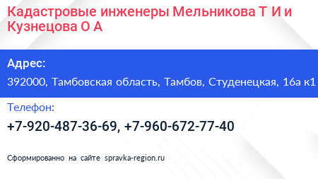 Кадастровые инженеры Мельникова Т И и Кузнецова О А  - визитка