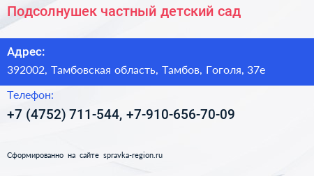 Подсолнушек частный детский сад - визитка