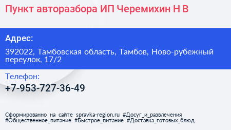 Пункт авторазбора ИП Черемихин Н В  - визитка