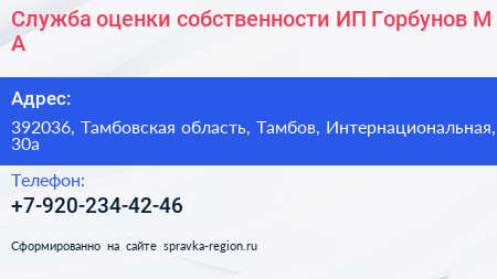 Служба оценки собственности ИП Горбунов М А  - визитка