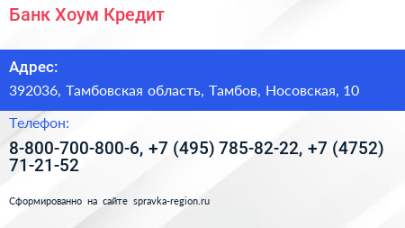 Банк Хоум Кредит - визитка
