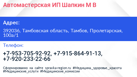 Автомастерская ИП Шапкин М В  - визитка
