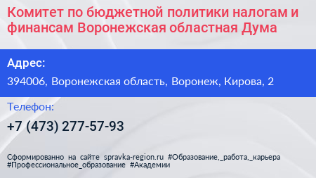 Комитет по бюджетной политики налогам и финансам Воронежская областная Дума - визитка