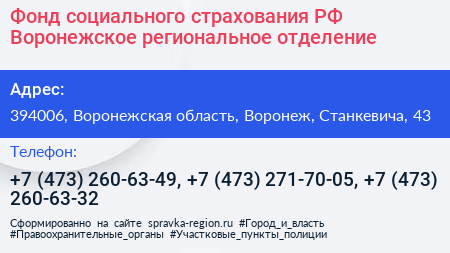 Фонд социального страхования РФ Воронежское региональное отделение - визитка