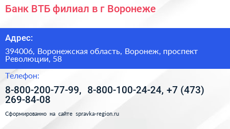 Нажмите, чтобы скачать визитку Банк ВТБ филиал в г Воронеже - визитка