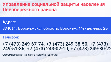 Управление социальной защиты населения Левобережного района - визитка