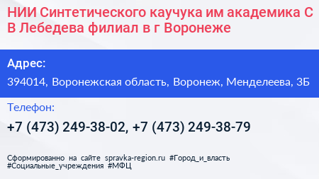 НИИ Синтетического каучука им академика С В Лебедева филиал в г Воронеже - визитка