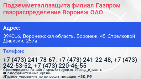Подземметаллзащита филиал Газпром газораспределение Воронеж ОАО - визитка