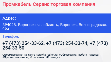 Промкабель Сервис торговая компания - визитка