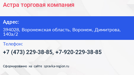 Астра торговая компания - визитка