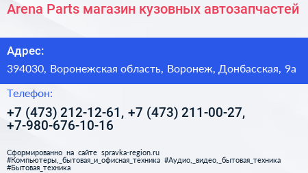 Arena Parts магазин кузовных автозапчастей - визитка