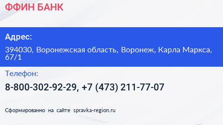 ФФИН БАНК - визитка