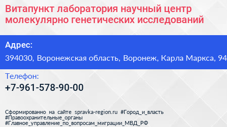 Витапункт лаборатория научный центр молекулярно генетических исследований - визитка
