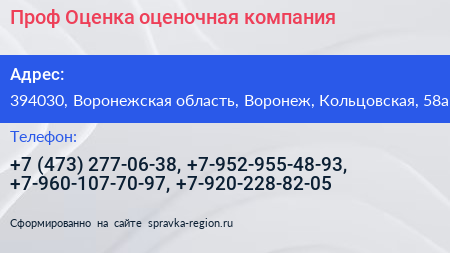 Проф Оценка оценочная компания - визитка