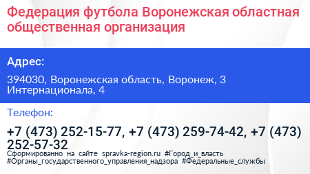 Федерация футбола Воронежская областная общественная организация - визитка
