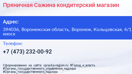 Пряничная Сажина кондитерский магазин - визитка