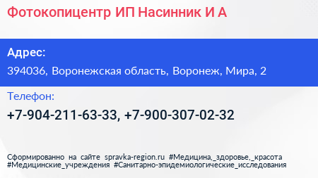 Фотокопицентр ИП Насинник И А  - визитка