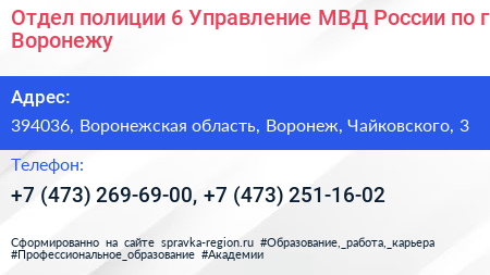 Отдел полиции 6 Управление МВД России по г Воронежу - визитка