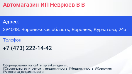 Автомагазин ИП Неврюев В В  - визитка
