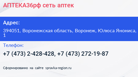 АПТЕКА36рф сеть аптек - визитка