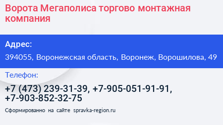 Ворота Мегаполиса торгово монтажная компания - визитка