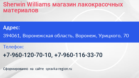 Sherwin Williams магазин лакокрасочных материалов - визитка