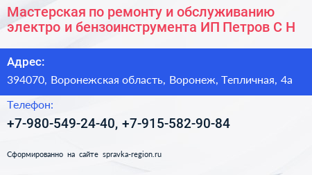 Мастерская по ремонту и обслуживанию электро и бензоинструмента ИП Петров С Н  - визитка