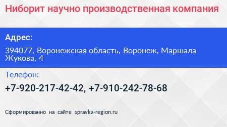 Ниборит научно производственная компания - визитка