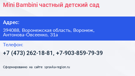 Mini Bambini частный детский сад - визитка
