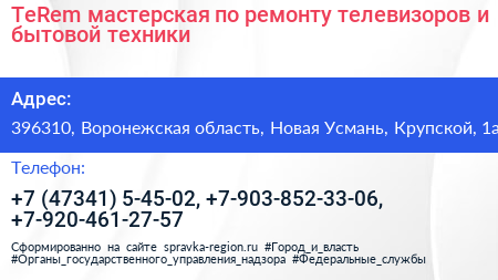 TeRem мастерская по ремонту телевизоров и бытовой техники - визитка