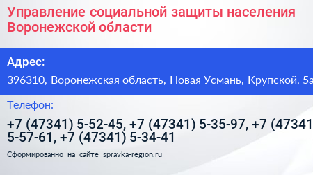 Управление социальной защиты населения Воронежской области - визитка