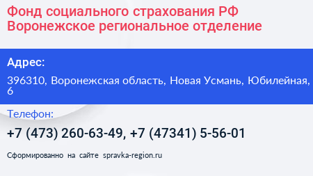 Фонд социального страхования РФ Воронежское региональное отделение - визитка