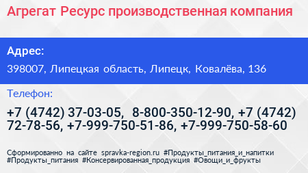 Агрегат Ресурс производственная компания - визитка