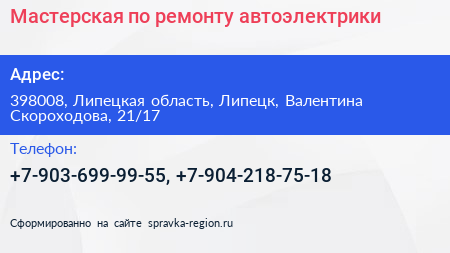 Мастерская по ремонту автоэлектрики - визитка