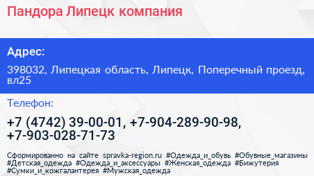 Пандора Липецк компания - визитка