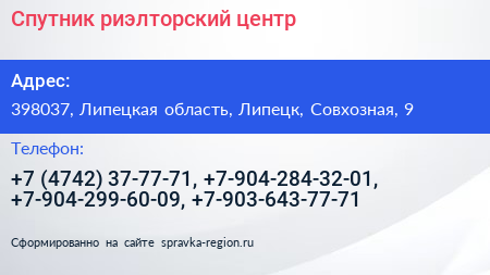 Спутник риэлторский центр - визитка